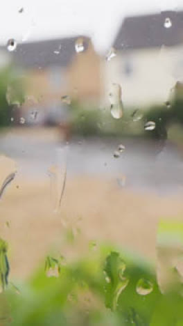 Vertikales-Video,-Das-Durch-Regen-Aus-Dem-Fenster-Auf-Eine-Städtische-Wohnstraße-Blickt